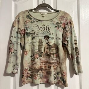Christopher & Banks Italy Print Top - Beige and Pink, Rhinestones